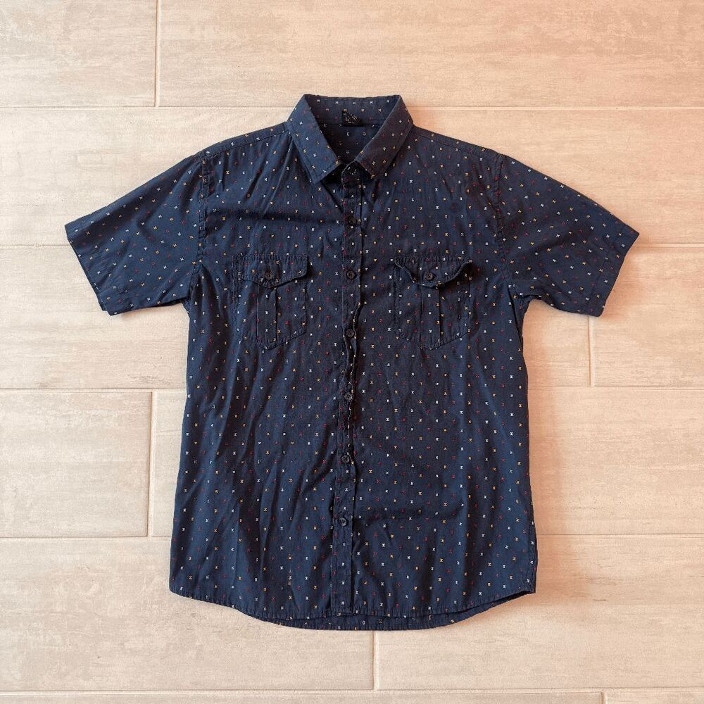Vese Casual Button Front Shirt Navy Blue w Multicolored Stitch Pattern Medium